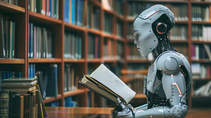 Fototapeta premium In a library full of books, a robot with a modern metal body reads a book, demonstrating the harmony of technology and traditional knowledge in one frame.