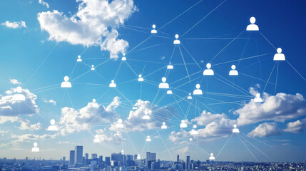 An animation showcasing a global network of connections with white people icons interacting over a cityscape with a blue sky and clouds in the background. 