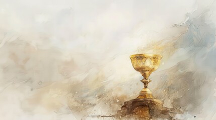 Golden Chalice with Intricate Designs, Christian Holy Grail and Symbolism, Biblical Illustration, Beige Background, copyspace