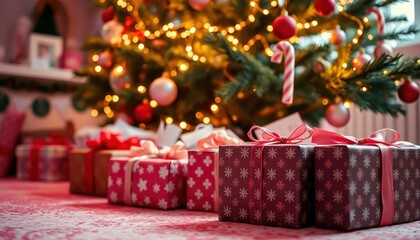 35mm film photography, merry christmas background with a close-up of beautifully wrapped gifts under a decorated tree, soft fairy lights in the background, copy space above, soft pink col, ai