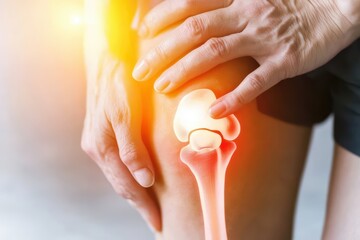 An individual touching their knee, highlighting joint pain or discomfort. Focus on health and wellness in physical therapy.