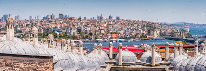 A panoramic view of Istanbul's cityscape, featuring the iconic bridge connecting Asia and Europe, with boats and ships navigating