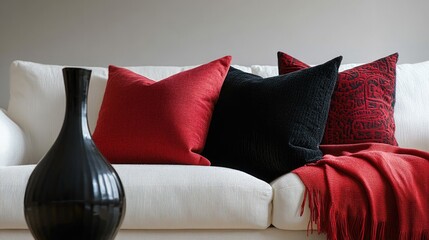 Black vase on white couch
