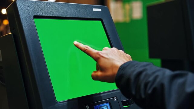 Latino man's Finger pushing buttons on a touchscreen on a voting machine during a USA election where the screen is a chroma key green screen.