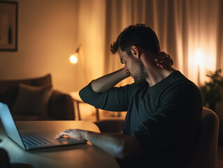 Handsome man stretching his neck while working at a laptop in the evening. Massaging neck pain in living room. - Powered by Adobe