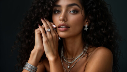 Obraz premium Beautiful latin woman with diamond jewelry posing on dark background