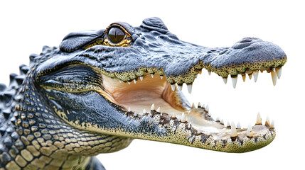 Obraz premium Fierce Crocodile's Open Jaws Capturing Prey on Stark White Background transparent png