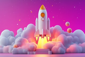 Obraz premium Cartoon rocket launching through clouds.