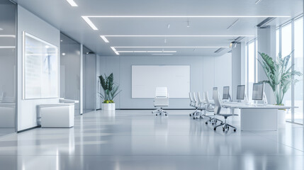 A futuristic office with smart desks, interactive whiteboards, and a clean, minimalist design, showcasing the latest in workplace technology.