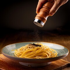 Image of grinding black pepper on spaghetti, AI generated printed on Printed Glass Splashbacks