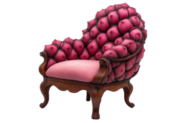 Unique pink tufted armchair with elegant wood frame, perfect for vintage or modern interior decor.