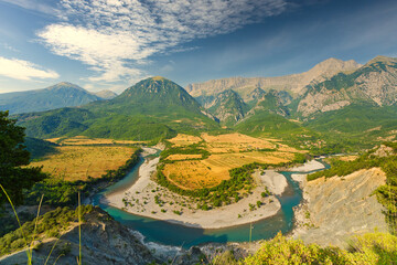 Vjosa river bend panorama at sunrise