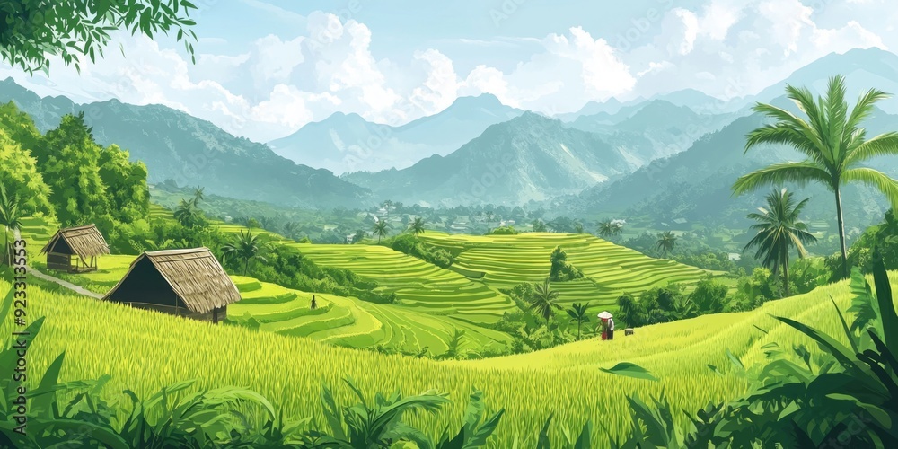 Sticker Rice Field Landscape with Mountains