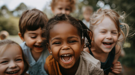 Fototapeta premium A group of children from different ethnicities, playing together and showing pure joy, embodying the spirit of acceptance and diversity.