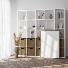 Frame mockup, ISO A paper size. Living room wall poster mockup. Interior mockup with house background. Modern interior design. 3D render
