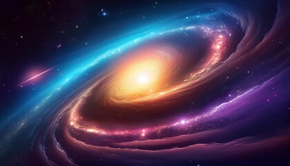 Fototapeta premium Vibrant cosmic swirling galaxy with radiant colors and stars, showcasing the beauty of the universe amidst a dark cosmic backdrop