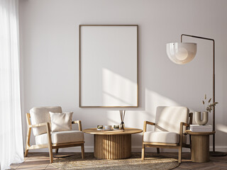 Frame mockup, ISO A paper size. Living room wall poster mockup. Interior mockup with house background. Modern interior design. 3D render
