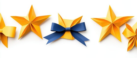Obraz premium Colorful paper stars adorned with a blue bow, perfect for festive decorations and celebrations.