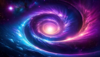 Cosmic vortex with vibrant swirling colors, stars, and light radiating from a central luminescence in a fantastical universe