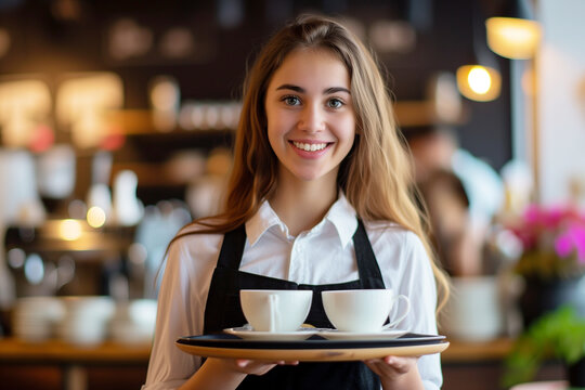 young smiling waitress holding a tray with two cups of coffee, working in a cafe or coffee shop as a part-time student job