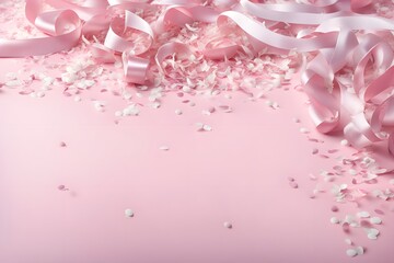 A romantic pink and white background with soft gently falling confetti and satin ribbons, AI Generated