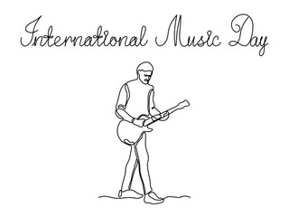 World Music Day. musician with guitar, continuous one line art hand drawing sketch, logo