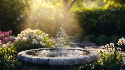Soft natural light illuminating a peaceful garden with a small stone fountain.