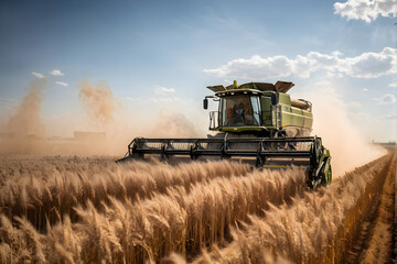 Fototapeta premium Dust rising from combine during crop harvesting, no-till technology professional occupation