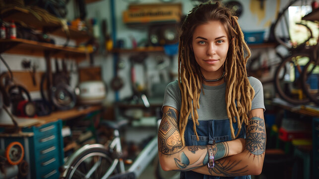 A photo of an attractive woman with dreadlocks standing in her bike shop holding tools