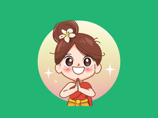 Cute girl in thailand traditional greeting with namaste poses logo banner hand drawn cartoon art illustration vector premium.