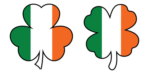 Día de San Patricio. Grupo de trébol con línea exterior y relleno con la textura de la bandera de Irlanda para felicitaciones y tarjetas