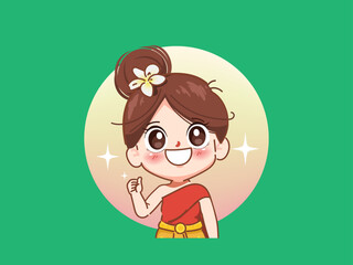 Cute girl in thailand traditional showing thumbs up pose logo banner hand drawn cartoon art illustration vector premium.