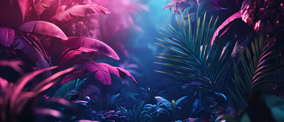 Fototapeta premium Vibrant Neon Tropical Foliage Background with Pink and Blue Lighting, Vibrant Neon Tropical Foliage Background with Pink and Blue Ligh
