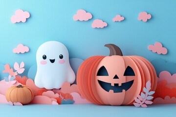 Obraz premium 3D paper art background with cute sheet ghost, bats and pumpkin, pastel color palette