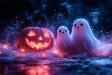 3D paper art background with cute sheet ghost, bats and pumpkin, pastel color palette