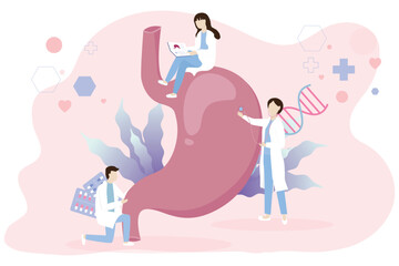 Fototapeta premium Tiny doctors check human stomach problem cartoon vector illustration. Stomach care. Treatment of stomach and digestive system diseases. Stomach icon. 