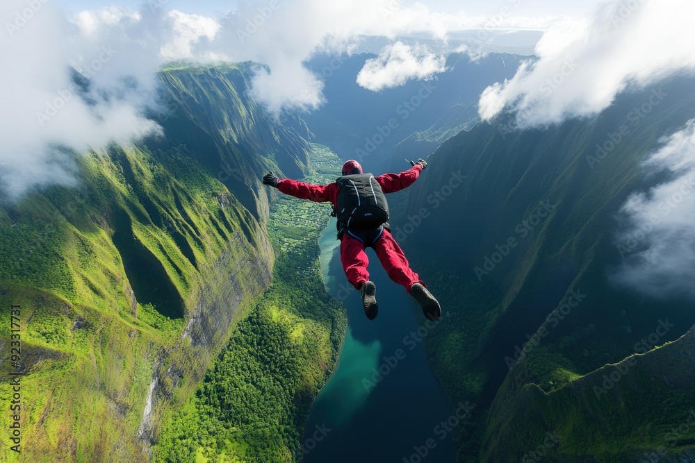 Wall mural A skydiver in a red suit soars above a breathtaking scenic valley with lush green mountains and a winding river, capturing the thrill and freedom of skydiving in an open sky.