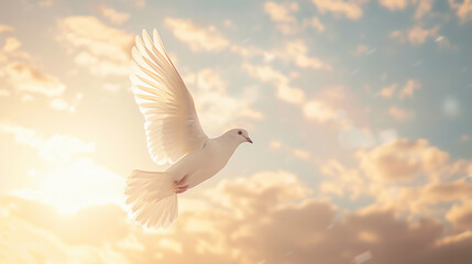 Obraz premium white dove in the sunset sky, peace symbol, AI generated