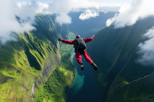 A skydiver in a red suit soars above a breathtaking scenic valley with lush green mountains and a winding river, capturing the thrill and freedom of skydiving in an open sky.