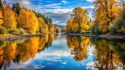Obraz premium Autumn trees reflected in tranquil Stillaguamish River in Washington State, fall foliage, autumn colors, reflection
