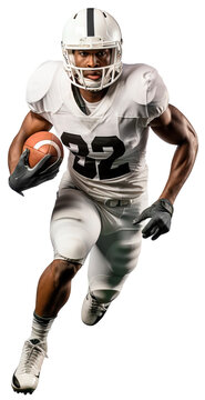 An American football player in a white helmet and uniform runs with a full-length ball in his hands. Transparent isolated background