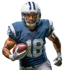 An American football player in a white helmet and blue uniform. The player runs with the ball in his hands. Transparent isolated background
