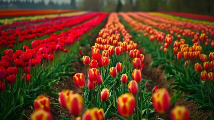 Vibrant Field of red, yellow, and orange tulips in full bloom during the springtime.