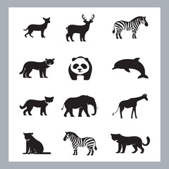 Set of logotype icons Lion, Elephant, Tiger, Giraffe, Kangaroo, Panda, Gorilla, dolphin, cat, deer, Polar Bear, Zebra, Hippopotamus illustration silhouettes in white background