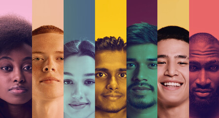 Vibrant mosaic of diverse faces, each stripe pulsating with unique hues, celebrates beauty of...