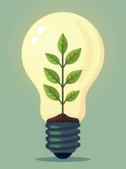 Illustration of a green plant growing inside a lightbulb, symbolizing eco-friendly innovation, sustainable energy, and environmental ideas.