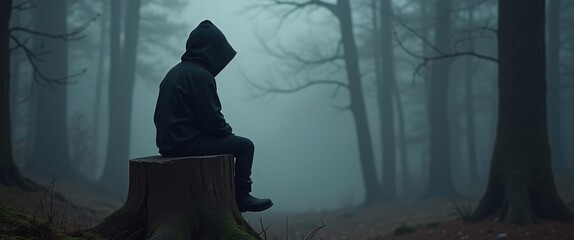 Mysterious hooded figure on tree stump, misty forest ambiance, evoking intrigue, ideal for fantasy themes, book covers, storytelling, emotional depth, serenity.