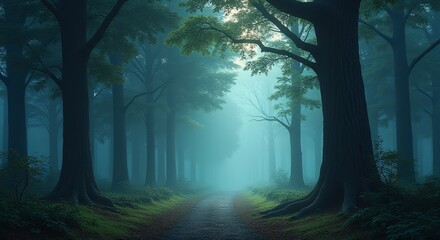 Enchanted woods, serene atmosphere, foggy trails, nature's tranquility, hiking, adventure tourism, mindfulness, photography opportunities, suitable for wellness brands.