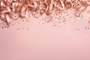Glittering rose gold confetti and ribbons cascading gracefully against a blush pink background, AI Generated