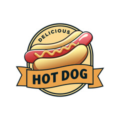 Delicious hotdog logo in circle with white background